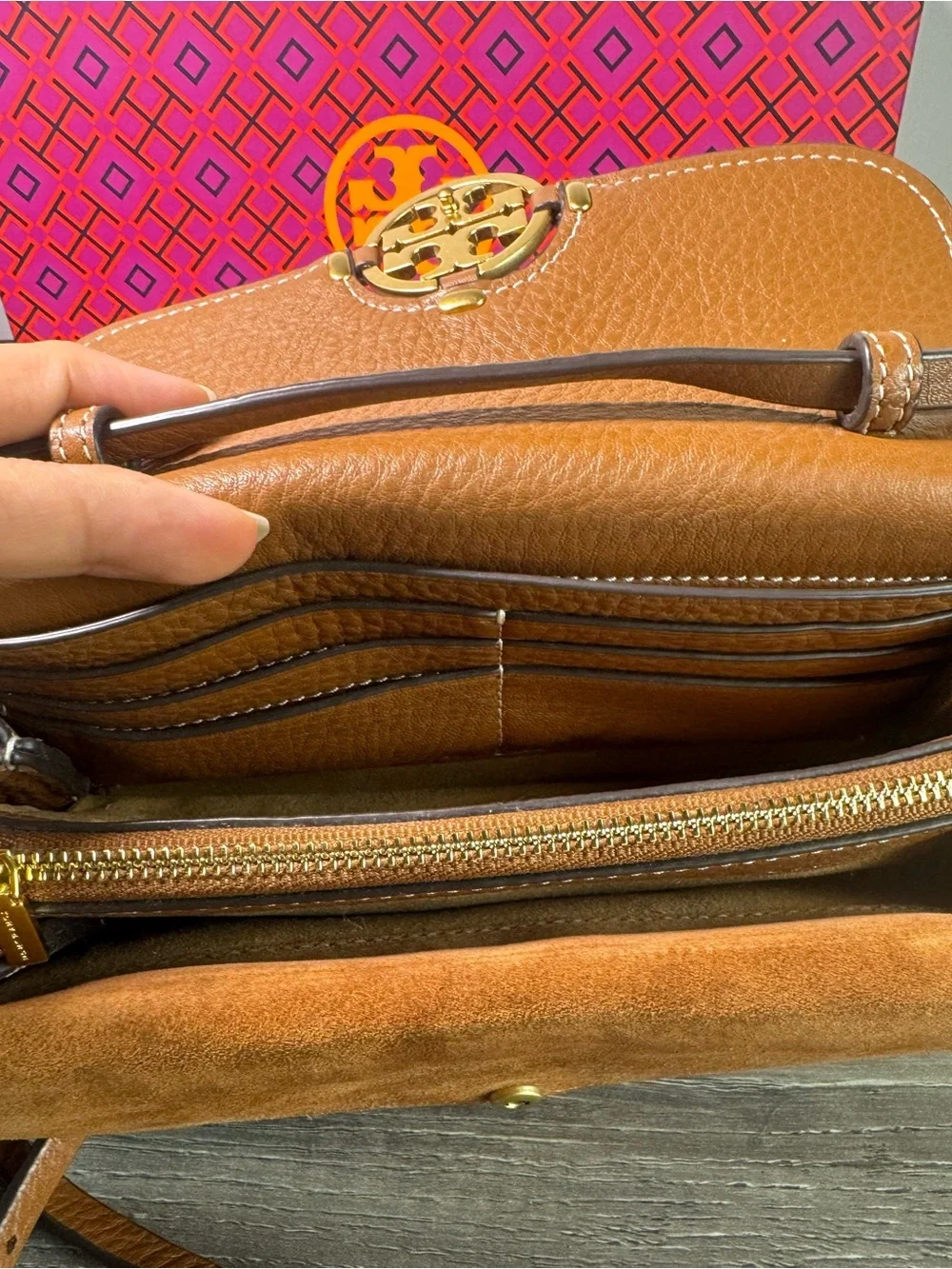 Tory Burch Miller Flap Chestnut Brown Leather Clutch Crossbody Gold Logo $300